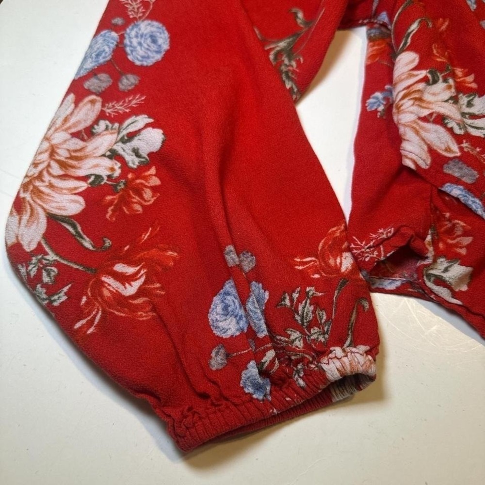 American Eagle Red Floral Surplice‎ Wrap Crop Top Womens XS Long Lantern Sleeve - Picture 2 of 8